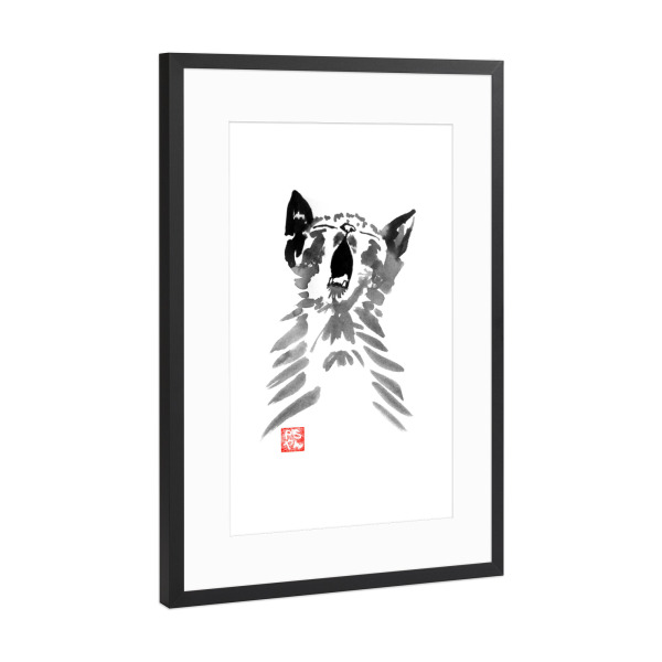 Poster mit Rahmen Schwarz (Metallic) "Yawning cat" artboxONE - Tiere,Schwarzweiß - Cat,Sumie,Japan