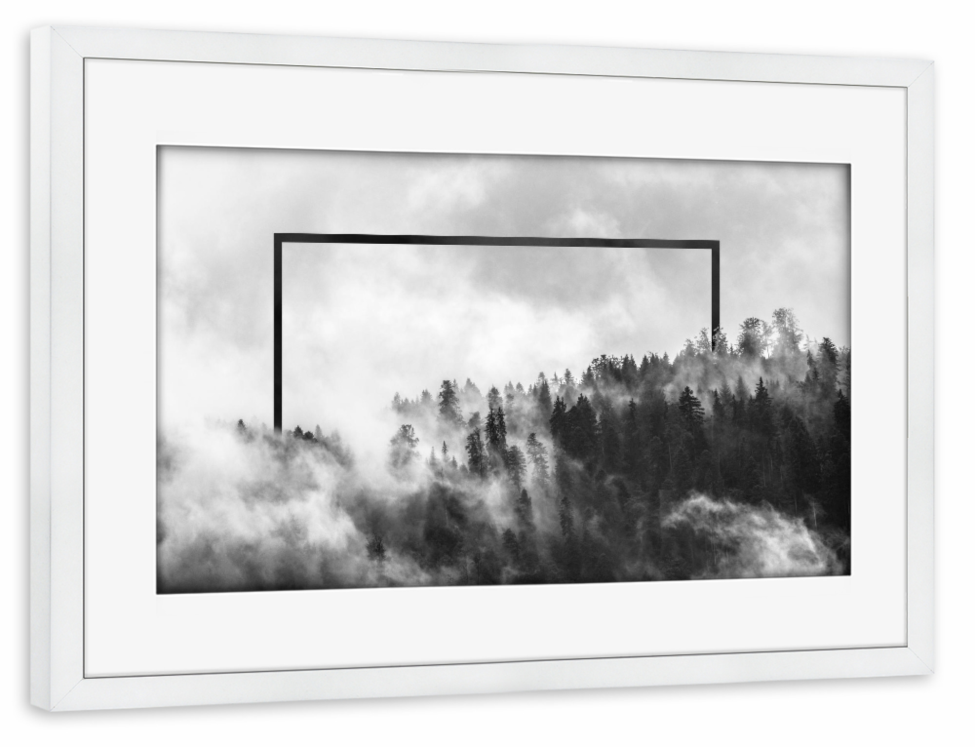 Poster mit Rahmen weiß "Wald mit Nebel am Morgen" artboxONE - Natur,Schwarzweiß - Bäume,Nebel,Mysthisch
