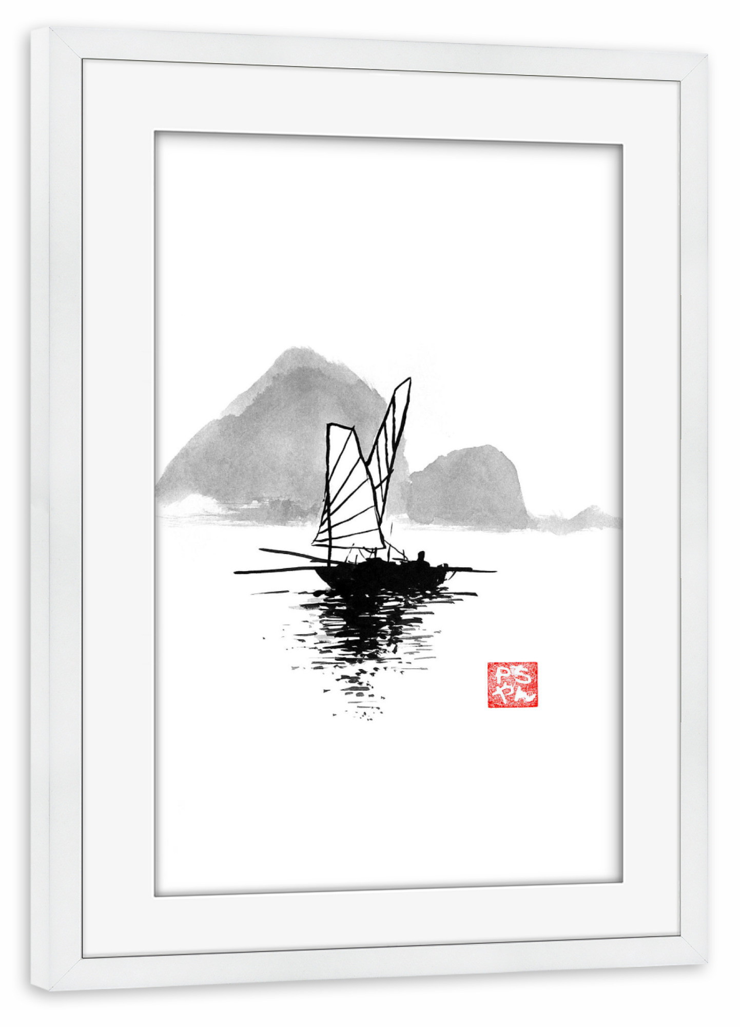 Poster mit Rahmen weiß "Little boat" artboxONE - Natur,Schwarzweiß - Boat,Sumie