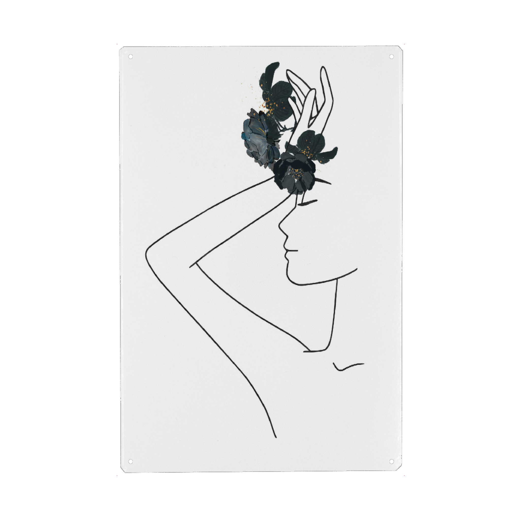 Metall Poster "Minimal Line Art Woman with Flower" artboxONE - Floral,Schwarzweiß,Fashion,Für Mama - Frau,Silhouette,Minimalistisch - Blechschild