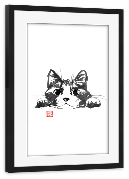 Poster mit Rahmen schwarz "Hidden cat behind a table" artboxONE - Tiere,Schwarzweiß - Cat,Neko,Katze,Chat,Sumie,Japan