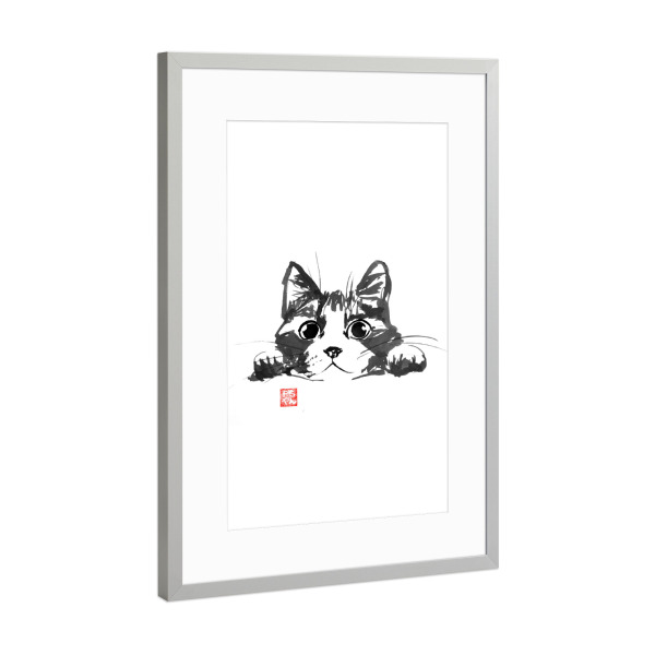 Poster mit Rahmen Silber "Hidden cat behind a table" artboxONE - Tiere,Schwarzweiß - Cat,Neko,Katze,Chat,Sumie,Japan