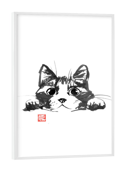 Poster mit weißem Rahmen "Hidden cat behind a table" artboxONE - Tiere,Schwarzweiß - Cat,Neko,Katze,Chat,Sumie,Japan