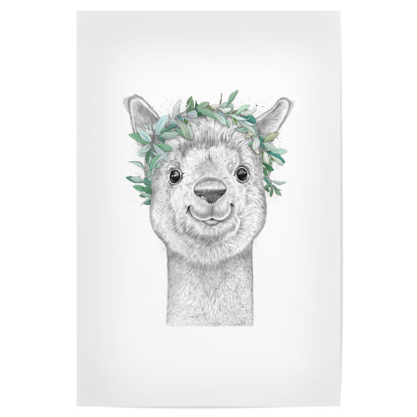Poster "Alpaca with wreath" artboxONE - Tiere,Schwarzweiß - Alpaca,Lama