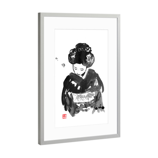 Poster mit Rahmen Silber "Take a bow" artboxONE - Menschen,Schwarzweiß - Geisha,Kimono,Japan,Sumie