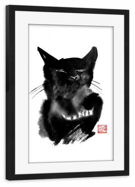 Poster mit Rahmen schwarz "Papatanton" artboxONE - Tiere,Schwarzweiß - Cat,Neko,Katze,Chat,Sumie,Japan