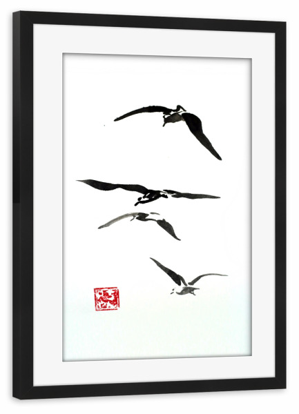 Poster mit Rahmen schwarz "Birds in the sky" artboxONE - Tiere,Schwarzweiß - Birds,Sky,Sumie,Japan