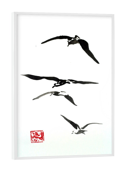Poster mit weißem Rahmen "Birds in the sky" artboxONE - Tiere,Schwarzweiß - Birds,Sky,Sumie,Japan