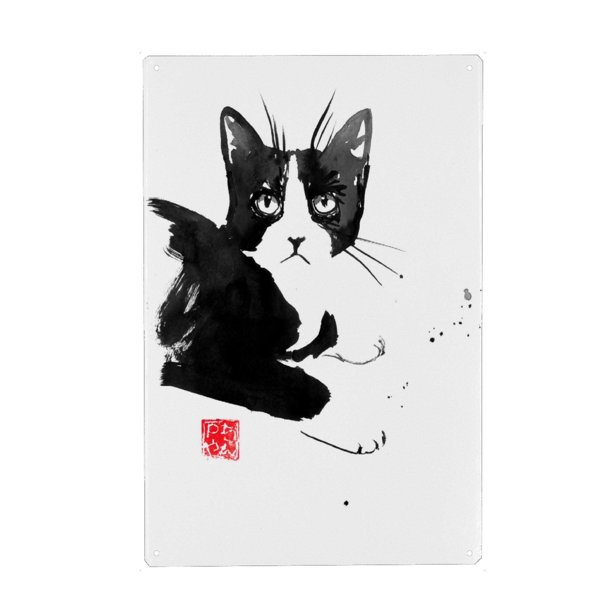 Holzbild "Grumpy laying cat" artboxONE - Tiere,Schwarzweiß - Cat,Katze,Sumie,Japan