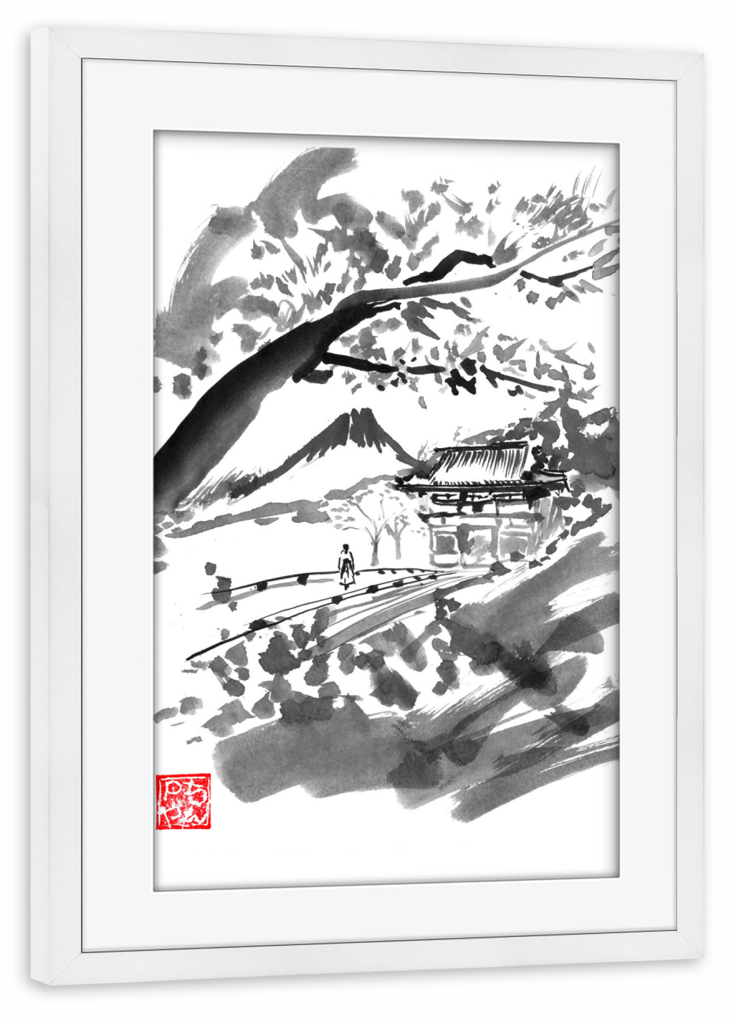 Poster mit Rahmen weiß "Geisha and temple" artboxONE - Menschen,Schwarzweiß - Geisha,Temple,Bridge,Kimono,Sumie,Japan