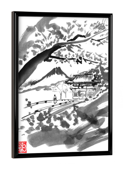 Poster mit schwarzem Rahmen "Geisha and temple" artboxONE - Menschen,Schwarzweiß - Geisha,Temple,Bridge,Kimono,Sumie,Japan