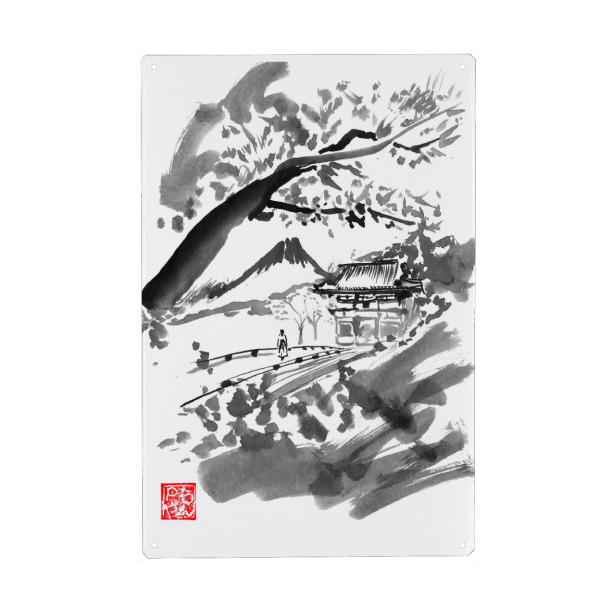 Holzbild "Geisha and temple" artboxONE - Menschen,Schwarzweiß - Geisha,Temple,Bridge,Kimono,Sumie,Japan