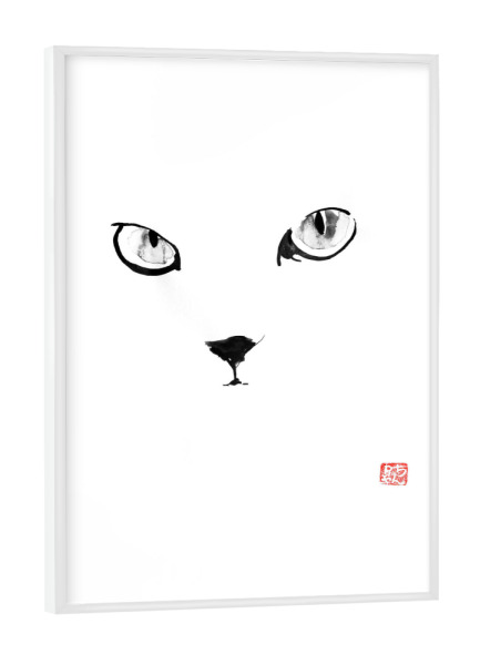 Poster mit weißem Rahmen "Cat in white eyes" artboxONE - Tiere,Schwarzweiß - Cat,Katze,Chat,Neko,Sumie