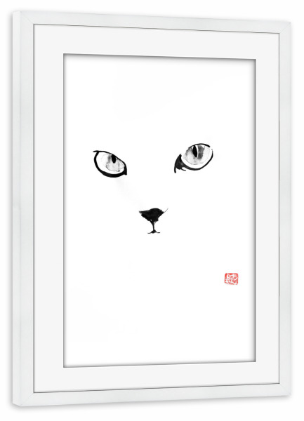 Poster mit Rahmen weiß "Cat in white eyes" artboxONE - Tiere,Schwarzweiß - Cat,Katze,Chat,Neko,Sumie