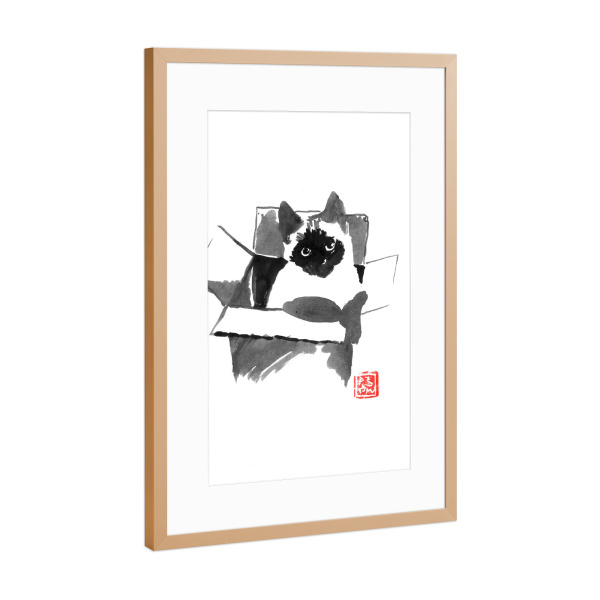Poster mit Rahmen Kupfer "Cat in the box" artboxONE - Tiere,Schwarzweiß - Cat,Katze,Chat,Neko,Sumie,Japan