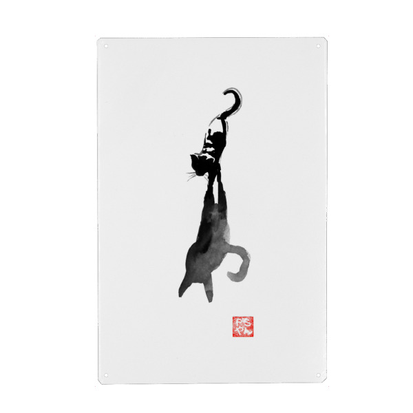 Metall Poster "The shadow of the cat" artboxONE - Tiere,Schwarzweiß - Cat,Neko,Chat,Katze,Sumie,Japan - Blechschild