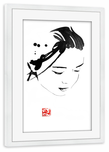 Poster mit Rahmen weiß "Chinese face" artboxONE - Menschen,Schwarzweiß - China,Japan,Sumie,Hair