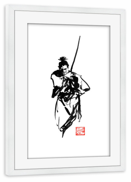 Poster mit Rahmen weiß "Toshiro mifune" artboxONE - Menschen,Schwarzweiß - Toshiro mifune,Japan,Akira kurosawa,Sumie,Samurai,Kimono,Sword,Katana