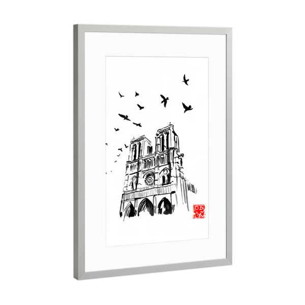 Poster mit Rahmen Silber "Notre dame" artboxONE - Schwarzweiß,Städte / Paris - Notre dame,Paris,Sumie,Birds,France