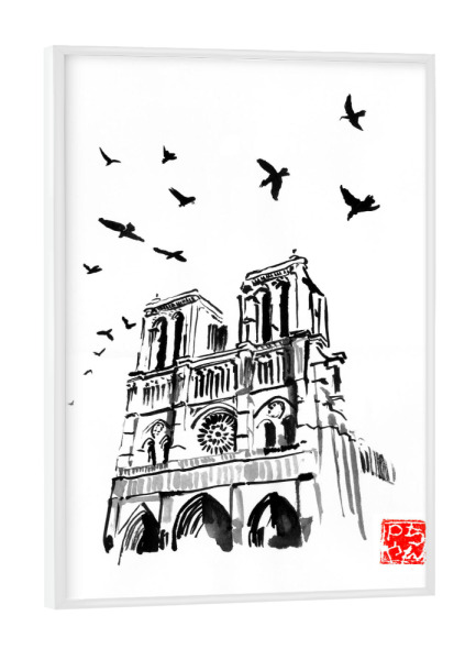 Poster mit weißem Rahmen "Notre dame" artboxONE - Schwarzweiß,Städte / Paris - Notre dame,Paris,Sumie,Birds,France