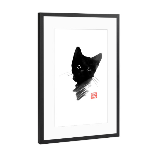 Poster mit Rahmen Schwarz (Metallic) "Tichat" artboxONE - Tiere,Schwarzweiß - Cat,Katze,Chat,Neko,Sumie,Japan