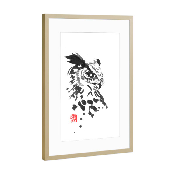 Poster mit Rahmen Gold "Owl face" artboxONE - Tiere,Schwarzweiß - Owl,Bird,Sumie,Japan