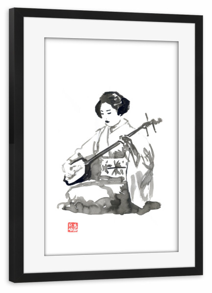 Poster mit Rahmen schwarz "Shamizen" artboxONE - Menschen,Schwarzweiß - Shamizen,Geisha,Kimono,Japan,Sumie