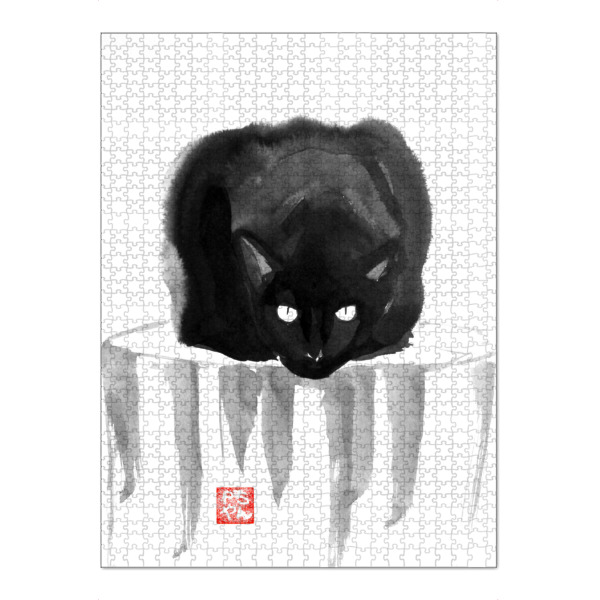 Puzzle Ravensburger "Cat on wood" artboxONE - Tiere,Schwarzweiß - Cat,Neko,Chat,Katze,Sumie,Japan - Bild cat