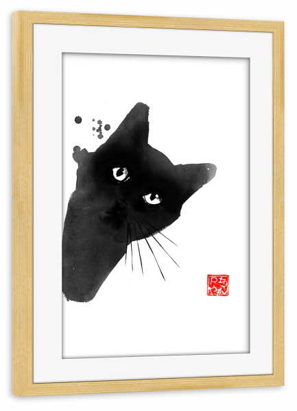 Poster mit Rahmen kiefer "Surprised cat" artboxONE - Tiere,Schwarzweiß - Cat,Katze,Neko,Chat,Sumie,Japan