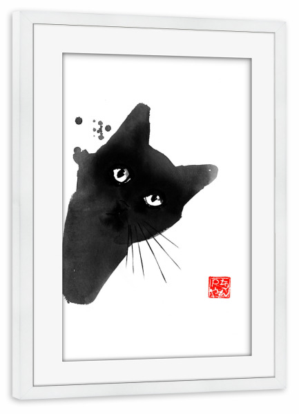 Poster mit Rahmen weiß "Surprised cat" artboxONE - Tiere,Schwarzweiß - Cat,Katze,Neko,Chat,Sumie,Japan