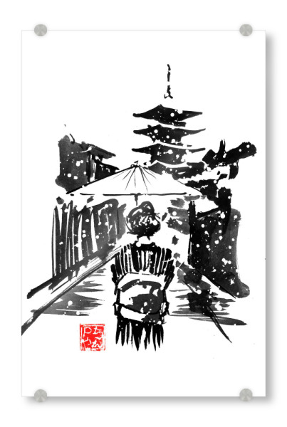 Acrylglasbild "Geisha in front of pagoda" artboxONE - Natur,Schwarzweiß - Geisha,Pagoda,Umbrella,Kimono