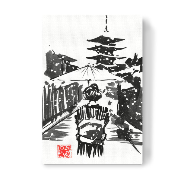 Leinwandbild "Geisha in front of pagoda" artboxONE - Natur,Schwarzweiß - Geisha,Pagoda,Umbrella,Kimono