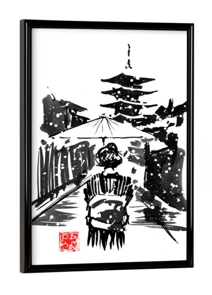 Poster mit schwarzem Rahmen "Geisha in front of pagoda" artboxONE - Natur,Schwarzweiß - Geisha,Pagoda,Umbrella,Kimono