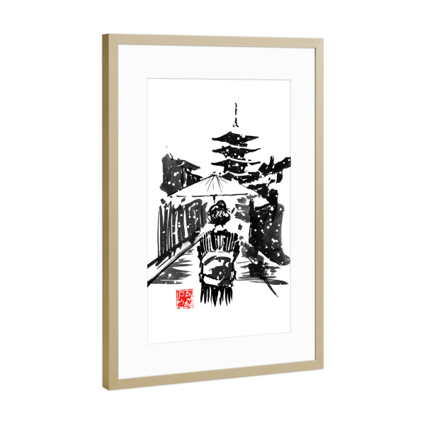 Poster mit Rahmen Gold "Geisha in front of pagoda" artboxONE - Natur,Schwarzweiß - Geisha,Pagoda,Umbrella,Kimono