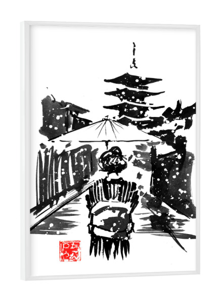 Poster mit weißem Rahmen "Geisha in front of pagoda" artboxONE - Natur,Schwarzweiß - Geisha,Pagoda,Umbrella,Kimono