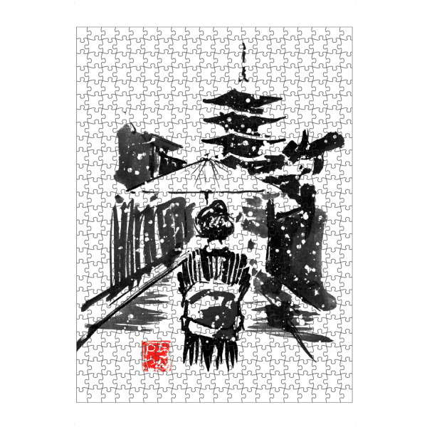 Puzzle Ravensburger "Geisha in front of pagoda" artboxONE - Natur,Schwarzweiß - Geisha,Pagoda,Umbrella,Kimono - Bild geisha
