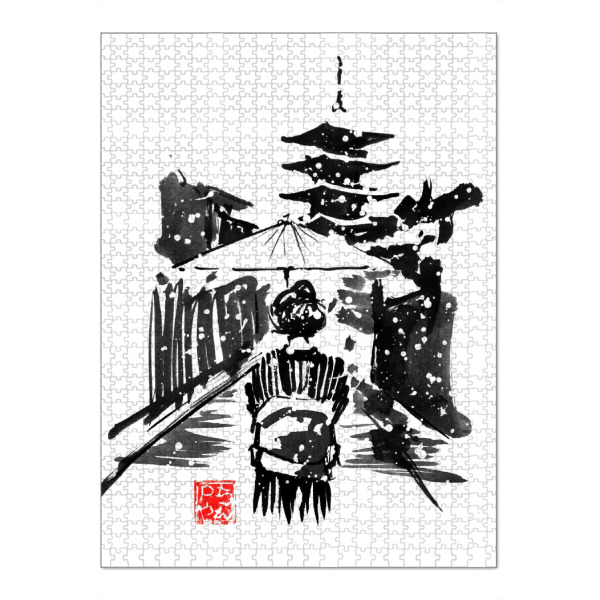 Puzzle Ravensburger "Geisha in front of pagoda" artboxONE - Natur,Schwarzweiß - Geisha,Pagoda,Umbrella,Kimono - Bild geisha