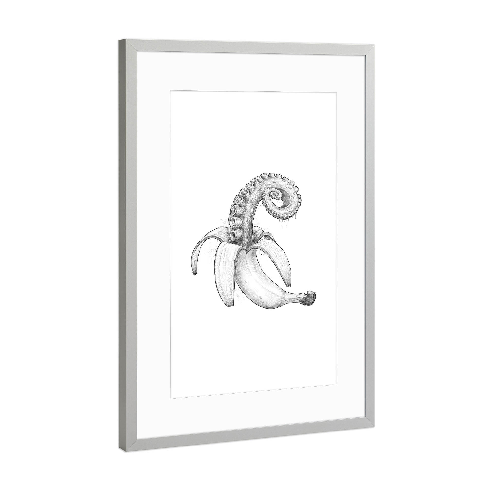 Poster mit Rahmen Silber "Octopus banana black & white" artboxONE - Tiere,Essen & Trinken,Schwarzweiß