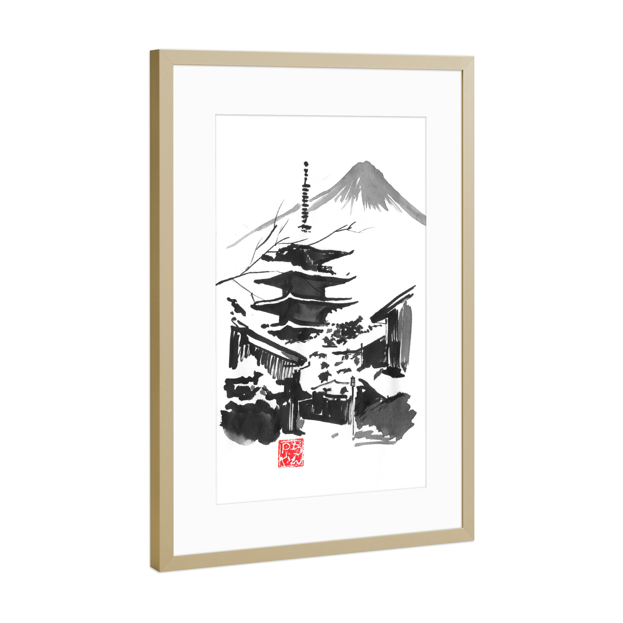 Poster mit Rahmen Gold "Fuji san" artboxONE - Natur,Schwarzweiß - Fuji,Mount,Temple,Pagoda,Japan,Sumie