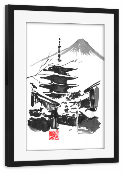 Poster mit Rahmen schwarz "Fuji san" artboxONE - Natur,Schwarzweiß - Fuji,Mount,Temple,Pagoda,Japan,Sumie