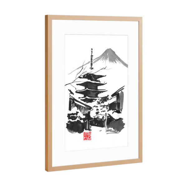 Poster mit Rahmen Kupfer "Fuji san" artboxONE - Natur,Schwarzweiß - Fuji,Mount,Temple,Pagoda,Japan,Sumie