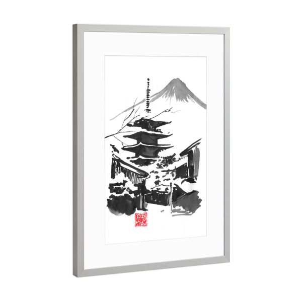 Poster mit Rahmen Silber "Fuji san" artboxONE - Natur,Schwarzweiß - Fuji,Mount,Temple,Pagoda,Japan,Sumie