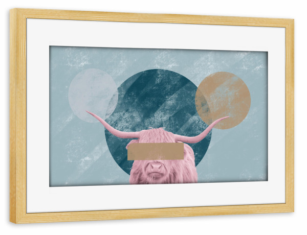Poster mit Rahmen kiefer "Bull Confidential" artboxONE - Tiere - Bull,Pink,Green,Animal,Texture,Concept,Minimal,Farm,Circle,Serene