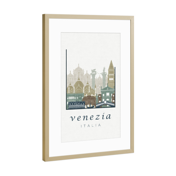 Poster mit Rahmen Gold "Venice skyline light blue" artboxONE - Städte / Venedig,Kartografie
