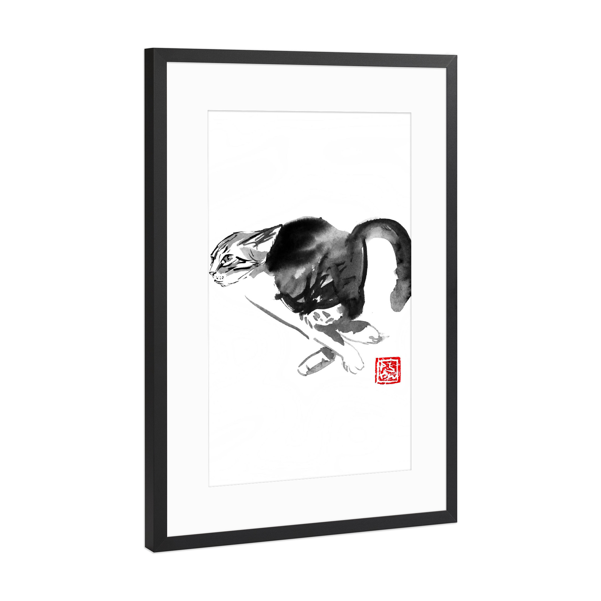 Poster mit Rahmen Schwarz (Metallic) "Running cat" artboxONE - Tiere,Schwarzweiß - Cat,Neko,Chat,Katze,Sumie,Japan