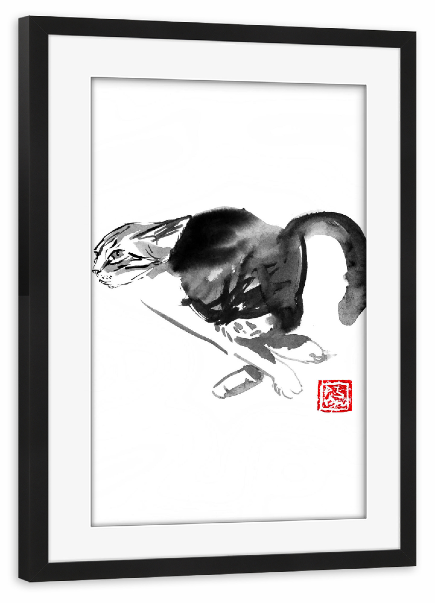 Poster mit Rahmen schwarz "Running cat" artboxONE - Tiere,Schwarzweiß - Cat,Neko,Chat,Katze,Sumie,Japan