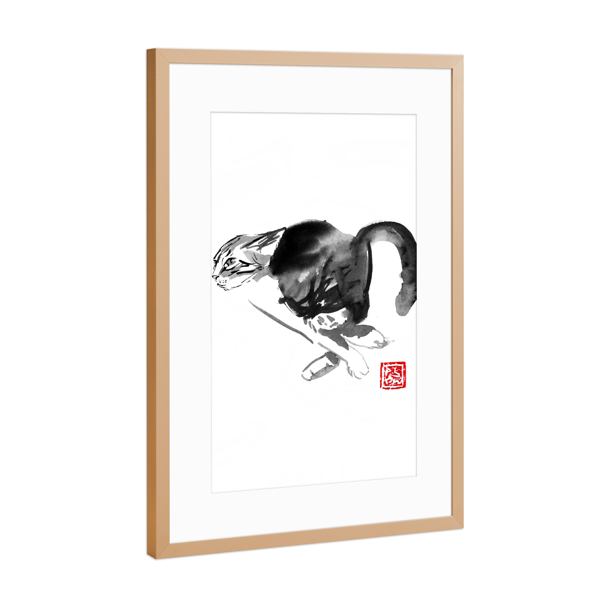 Poster mit Rahmen Kupfer "Running cat" artboxONE - Tiere,Schwarzweiß - Cat,Neko,Chat,Katze,Sumie,Japan