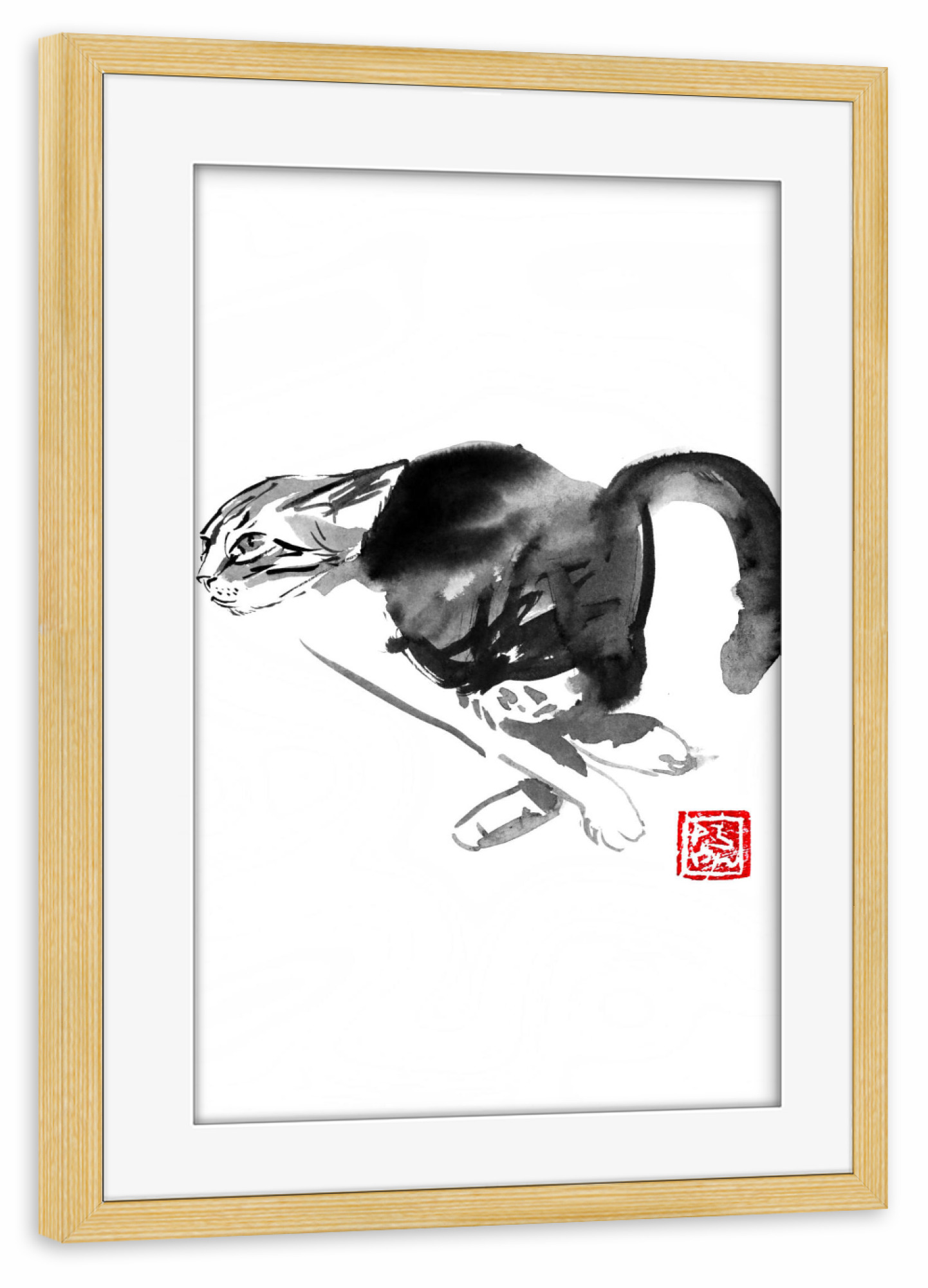 Poster mit Rahmen kiefer "Running cat" artboxONE - Tiere,Schwarzweiß - Cat,Neko,Chat,Katze,Sumie,Japan