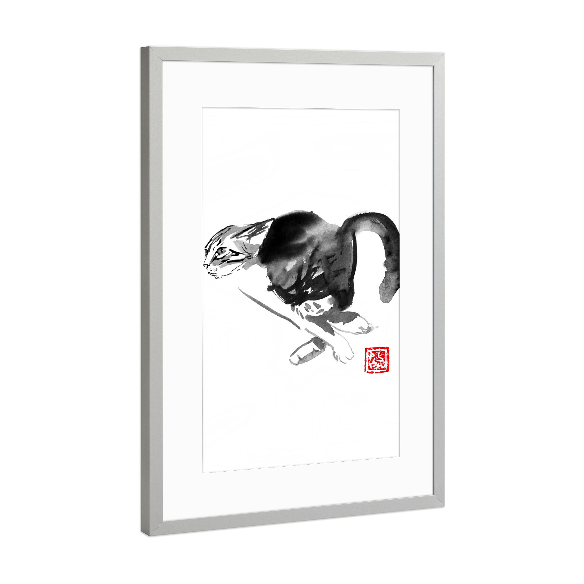 Poster mit Rahmen Silber "Running cat" artboxONE - Tiere,Schwarzweiß - Cat,Neko,Chat,Katze,Sumie,Japan