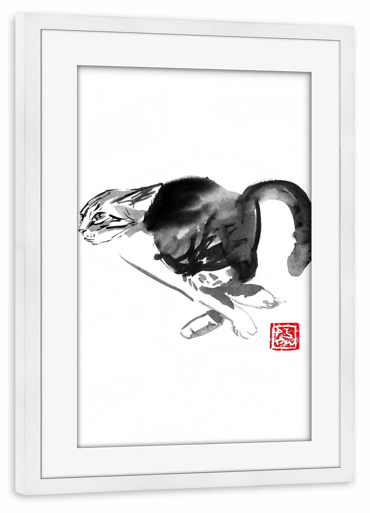 Poster mit Rahmen weiß "Running cat" artboxONE - Tiere,Schwarzweiß - Cat,Neko,Chat,Katze,Sumie,Japan